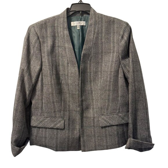 Kasper Womens Plaid Blazer Jacket 14P Polyester Gray Long Sleeve Open Front jack - Picture 1 of 11